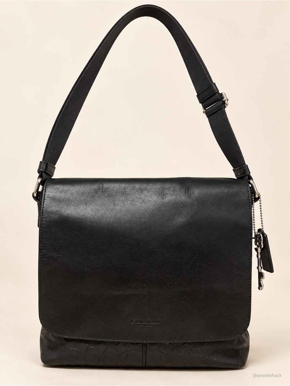 Coach Charles F72220 Black Signature Leather Small Messenger Crossbody Bag